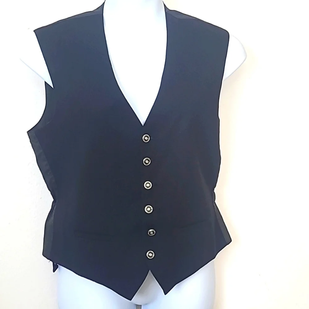 Vest black Gray silver Enameled buttons elastic waist tailored fit pockets EUC